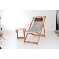 Marbre Home Kışlık Özel Seri 3 Kademeli Ahşap Şezlong - Kırçıllı Gri Peluş ve Deri Yastıklı